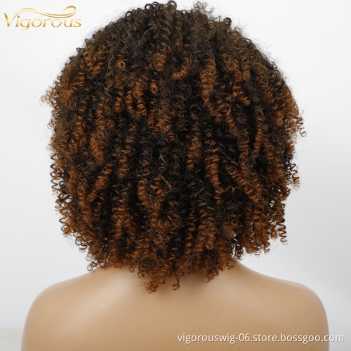 Women's High Quality Afro Kinky Cury Short Bangs Ombre Brown Color Bob Style Pixie Cut Wigs Synthetic None Lace Heat Resistant
